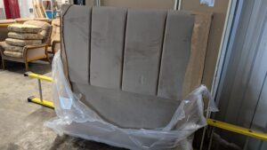 Refurbished grey velvet 2-seater sofa, ideal for living room decor. Comfortable, stylish, and expertly restored with high-quality velvet fabric for durability and elegance in Northern Ireland.