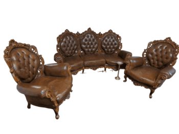 Refurbished 3-seater corner sofa with carved wooden frame and tufted leather upholstery, perfect for classic interiors in Northern Ireland.