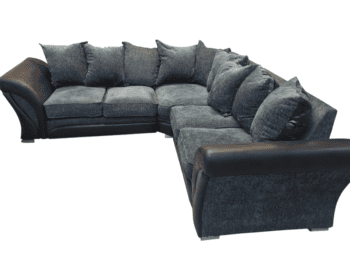 Comfortable refurbished corner sofa with fabric cushions and leather armrests, perfect for living rooms in Northern Ireland. Customised with soft cushions and durable materials.