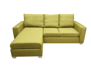 Green fabric corner sofa with chaise lounge.