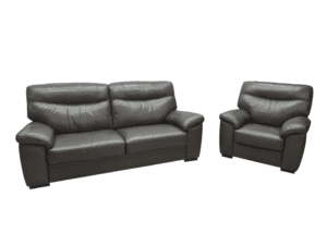 Grey leather 2-seater sofa and matching armchair, modern style, plush cushions, perfect for living rooms.