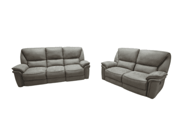 A pair of refurbished grey leather 2-seater sofas with padded armrests and plush cushions, ideal for a contemporary living room.