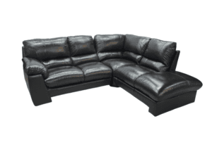 Corner sofa in black leather, spacious and comfortable.