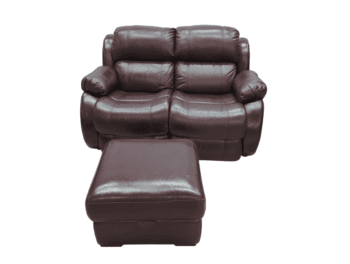 Leather recliner sofa in dark brown with plush cushions and matching ottoman.