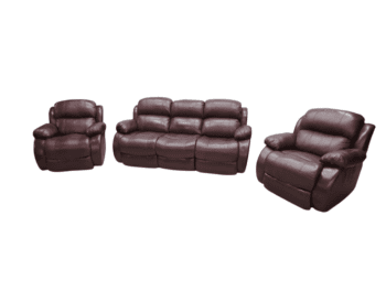 Recliner, brown leather, plush armchair and sofa set.