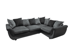 L-shaped sofa, grey fabric, modern style, comfortable seating.