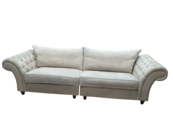 Beige 3-seater sofa with rolled arms and tufted details. Perfect for a classic living room.