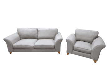 Two-seater and armchair in light grey upholstery.