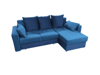 Corner sofa in vibrant blue fabric with plush cushions, perfect for contemporary living rooms.