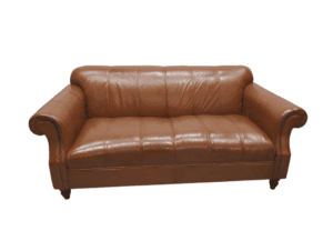 Vintage brown leather 3-seater sofa, classic style with rolled arms and wooden legs. Perfect for traditional or rustic interiors, offering comfort and timeless appeal.