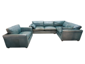 Blue leather corner sofa, modern style, spacious and comfortable.