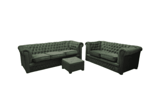 Elegant green Chesterfield sofa set with matching footstool