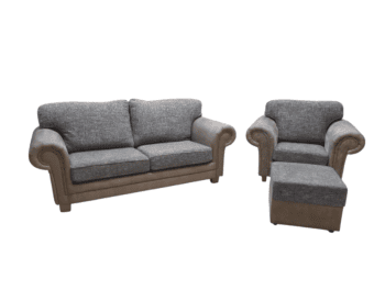 Grey fabric 2-seater sofa with plush cushions and wooden legs.