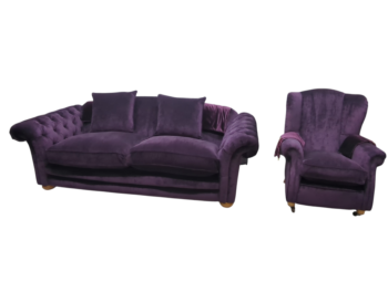 Purple velvet 2-seater sofa and armchair, stylish and comfortable. Perfect for a modern living room, featuring plush cushions and classic design.