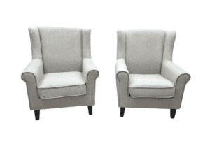Armchairs, beige fabric, classic style, comfortable seating.