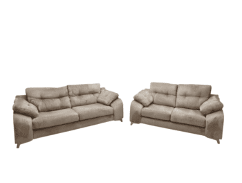 Refurbished beige 2-seater sofa with plush cushions and soft fabric. Perfect for a cosy living room, offering comfort and style.