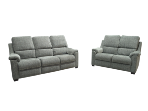 Grey fabric 3-seater sofa and matching armchair, modern style, plush cushions, perfect for living rooms.