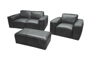 Modern black leather sofa set with matching ottoman.