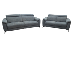 Two grey fabric sofas with sleek design and comfortable cushions.