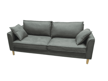 Grey fabric 3-seater sofa with wooden legs.