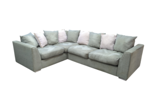 L-shaped grey fabric sofa with multiple cushions, modern style.