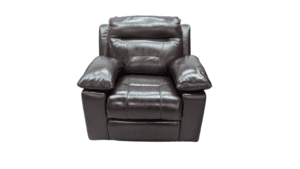 Recliner armchair in dark brown leather with plush cushions and padded armrests. Perfect for relaxing and adding style to your living room.