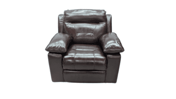Recliner armchair in dark brown leather with plush cushions and padded armrests. Perfect for relaxing and adding style to your living room.