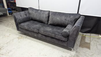 Refurbished grey fabric 3-seater sofa with rolled arms and cushions. Perfect for living rooms, offering comfort and style. Ideal for Northern Ireland homes seeking quality furniture.