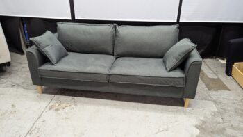 Grey fabric 2-seater sofa with wooden legs and cushions.