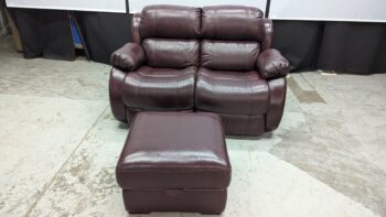 Refurbished dark brown leather 2-seater sofa with plush cushions and armrests. Perfect for a stylish and comfortable living space.