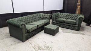 Elegant green Chesterfield sofa set with matching footstool