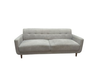 Grey fabric 3-seater sofa with tufted backrest and wooden legs.