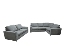 Corner sofa in grey fabric, contemporary style, spacious and comfortable.