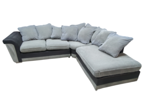 L-shaped corner sofa, grey fabric, modern style, black accents.