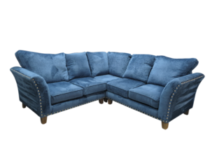 Blue corner sofa with plush fabric and wooden legs.