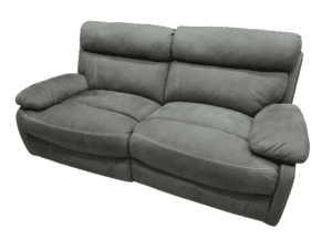 Two-seater grey fabric sofa with plush cushions and armrests.