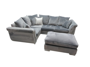 Grey velvet corner sofa with matching ottoman, plush cushions, and elegant design.