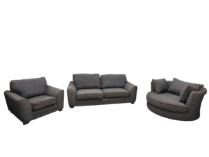 Three-piece grey fabric sofa set with cushions.