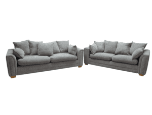 3-seater grey fabric sofa with plush cushions and wooden feet.