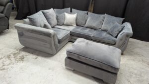 Sofa with Ottoman in Grey Velvet