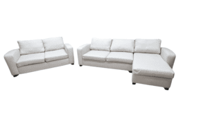 L-shaped corner sofa in light grey fabric, contemporary style, spacious and comfortable.