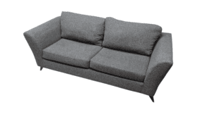 Grey fabric 2-seater sofa with sleek design and angled arms.