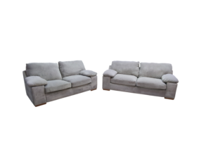 Two grey fabric 2-seater sofas with plush cushions and wide armrests. Perfect for a contemporary living room, these refurbished sofas offer comfort and style.