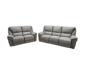Two grey leather sofas, 2-seater and 3-seater, in contemporary style.